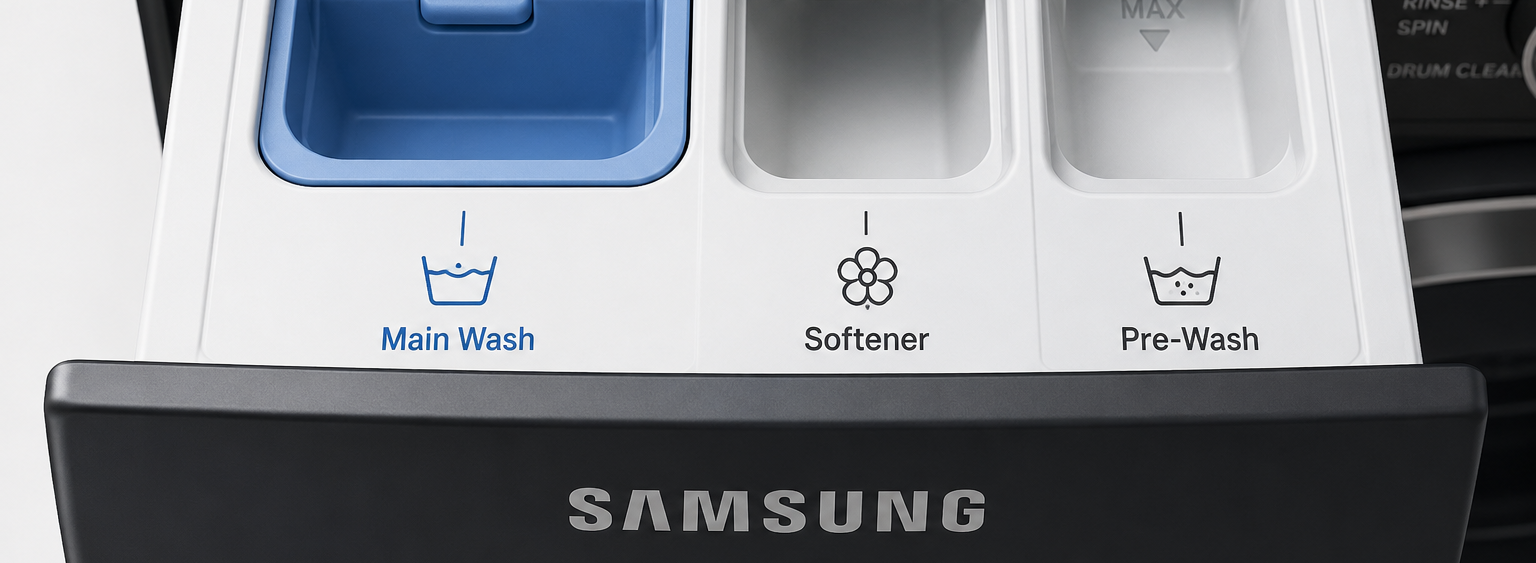 Samsung washing machine detergent drawer symbols (I, II and softener icon)