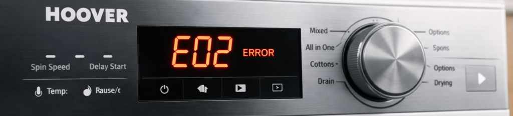 Close‑up of a Hoover washing machine control panel showing the E02 error code on its digital display in a modern laundry room.