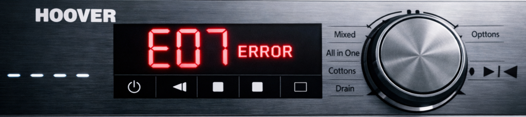 Wide banner showing Hoover washing machine control panel with E07 error code on digital display, modern laundry room background.