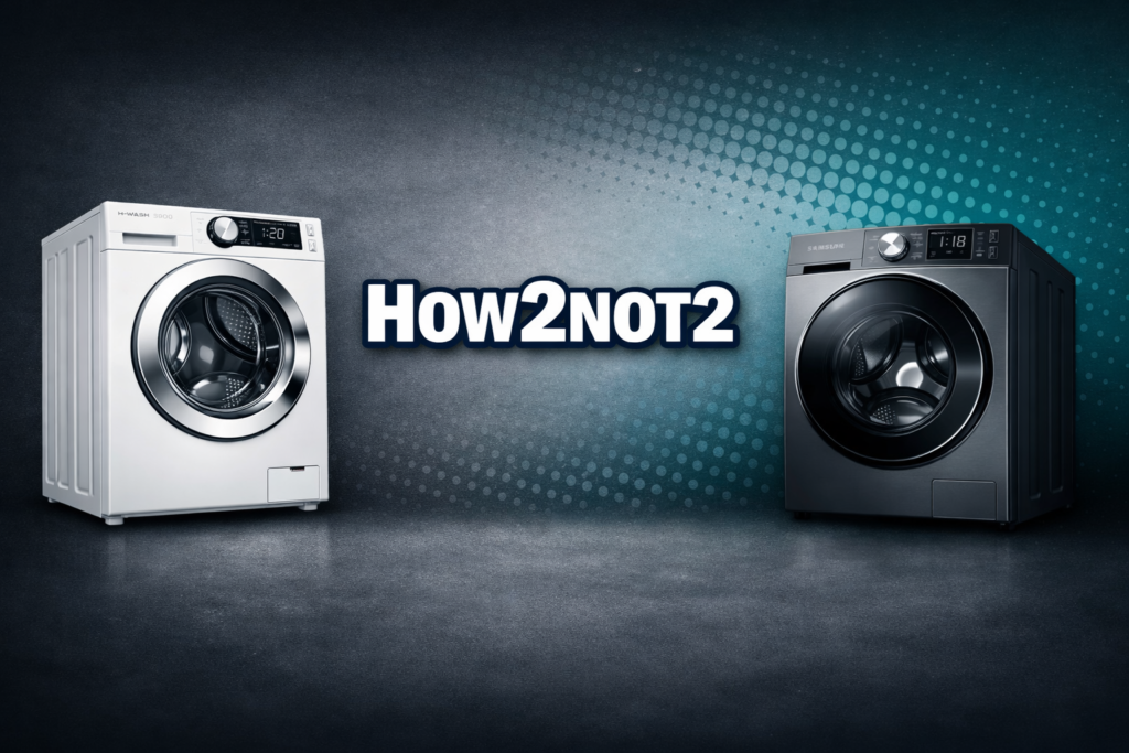 White Hoover H‑Wash 500 washing machine on the left and dark Samsung washing machine on the right with HOW2NOT2 text in the centre on a teal‑grey gradient background.
