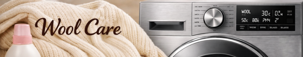 Cream wool sweater beside silver Samsung washing machine with Wool Care. How to wash wool
