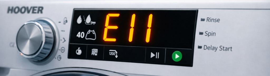 Hoover E11 error on washing machine display panel showing drain timeout warning